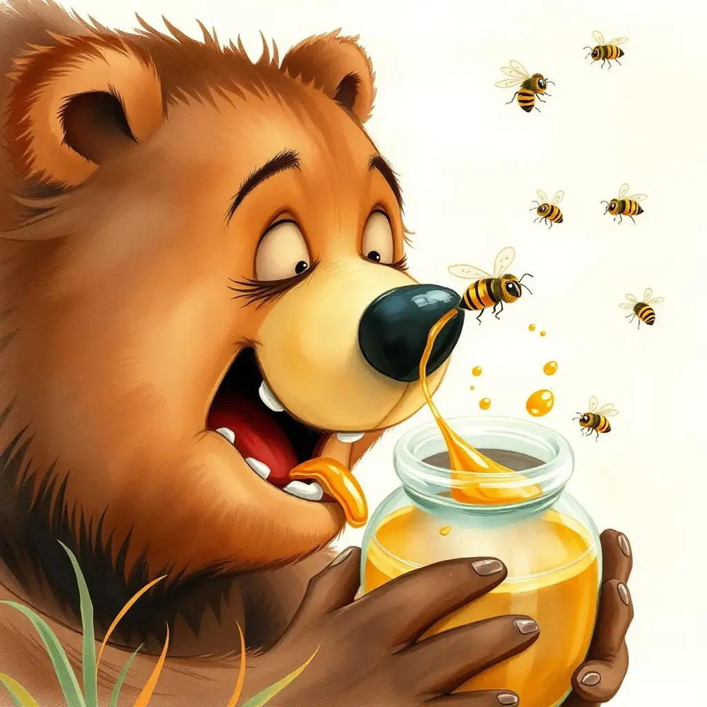 The little bear reaches out for the honey pot