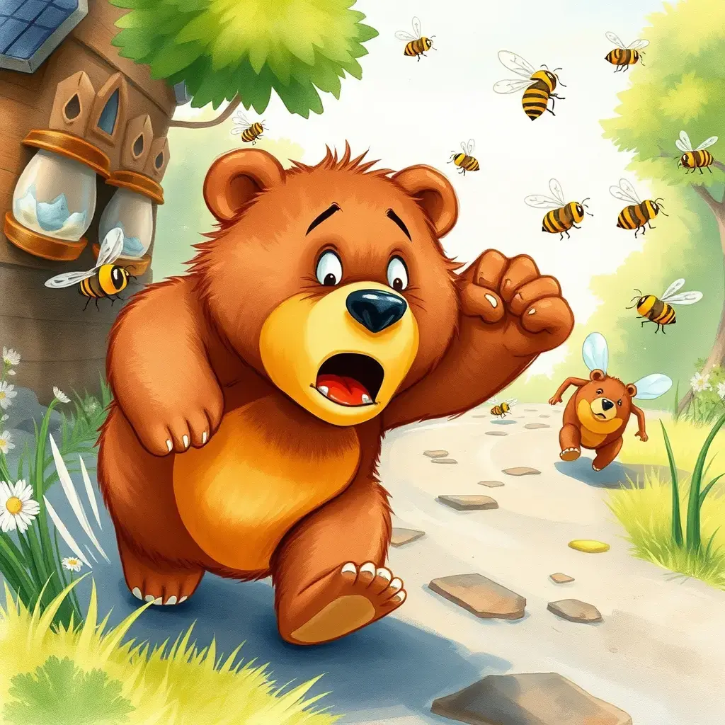 The little bear is chased by the bees