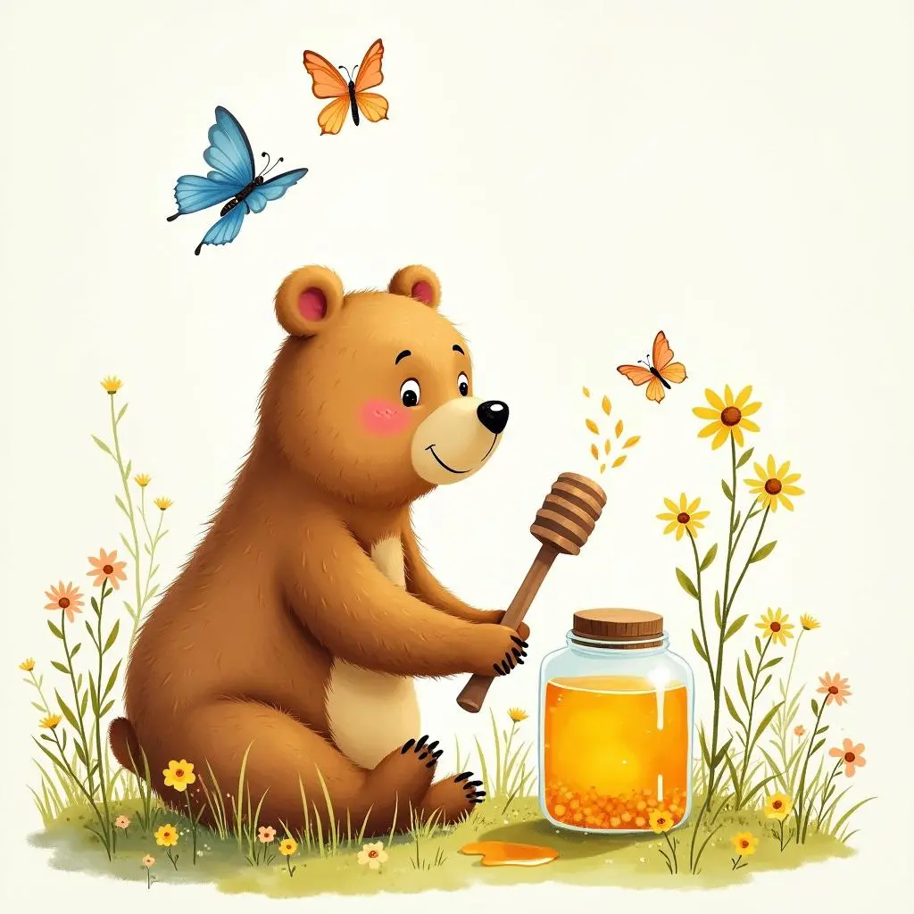 The little bear plays in the flower bushes