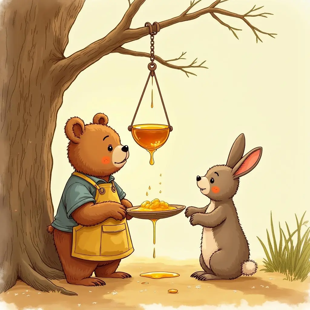 The little bear weighs honey for the rabbit