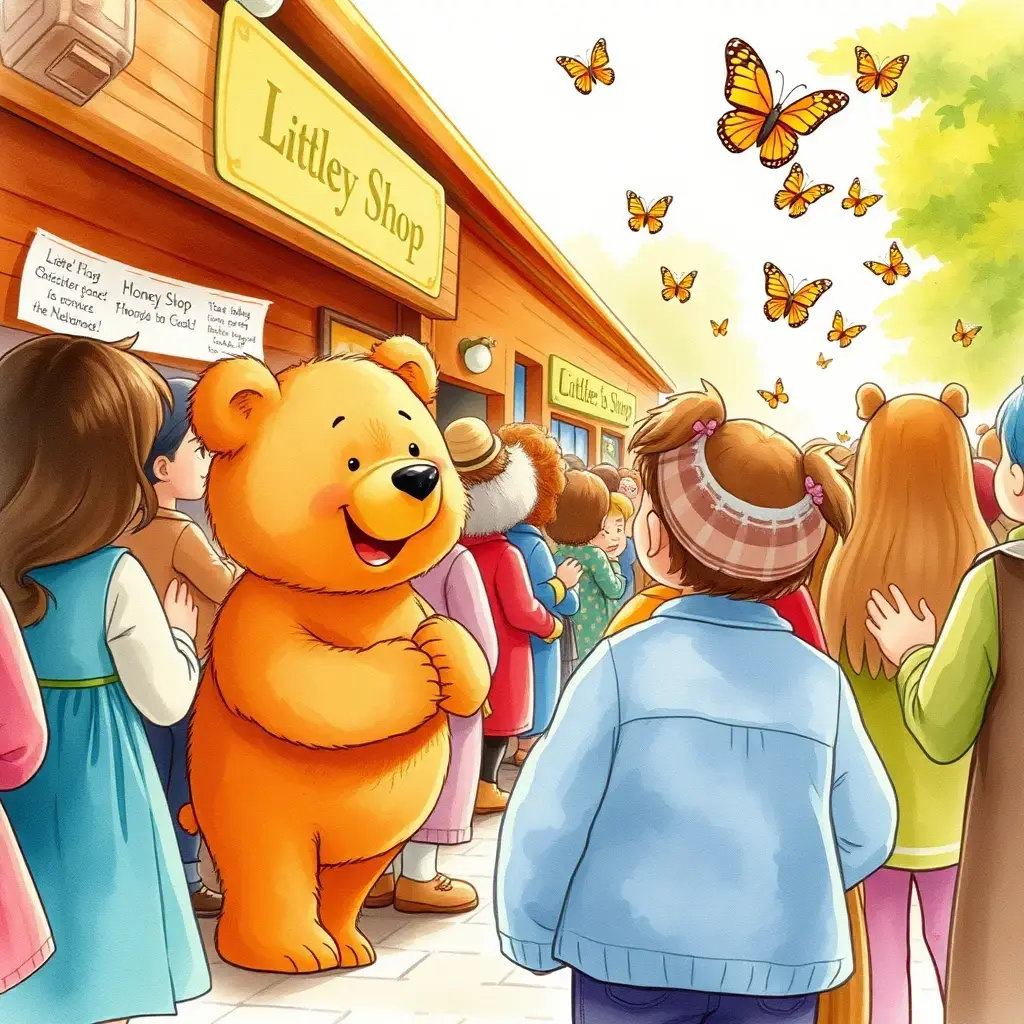 There is a long queue in front of the little bear's honey store