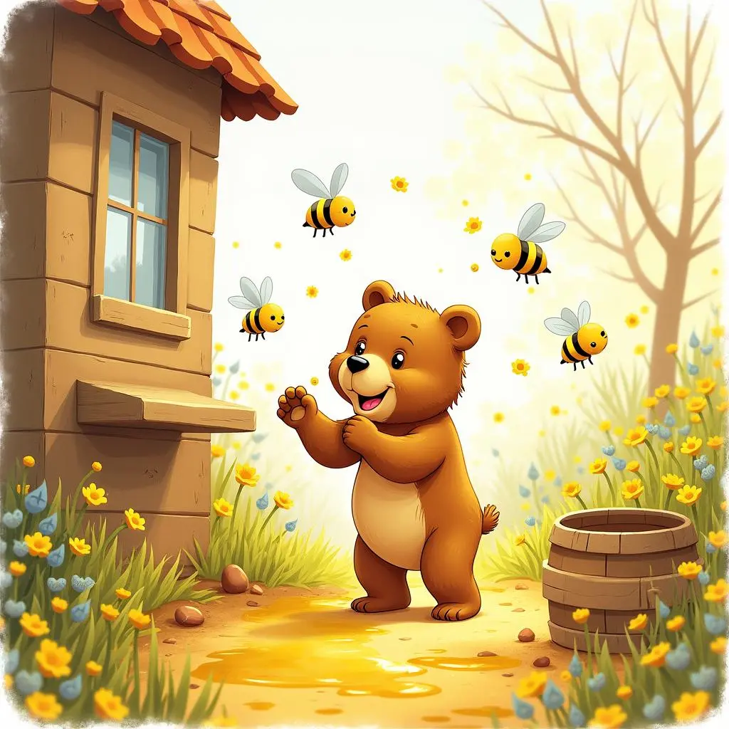 The little bear plays with the bees