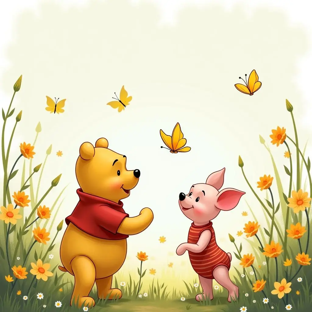 Winnie the Pooh and Piglet in the flower bushes