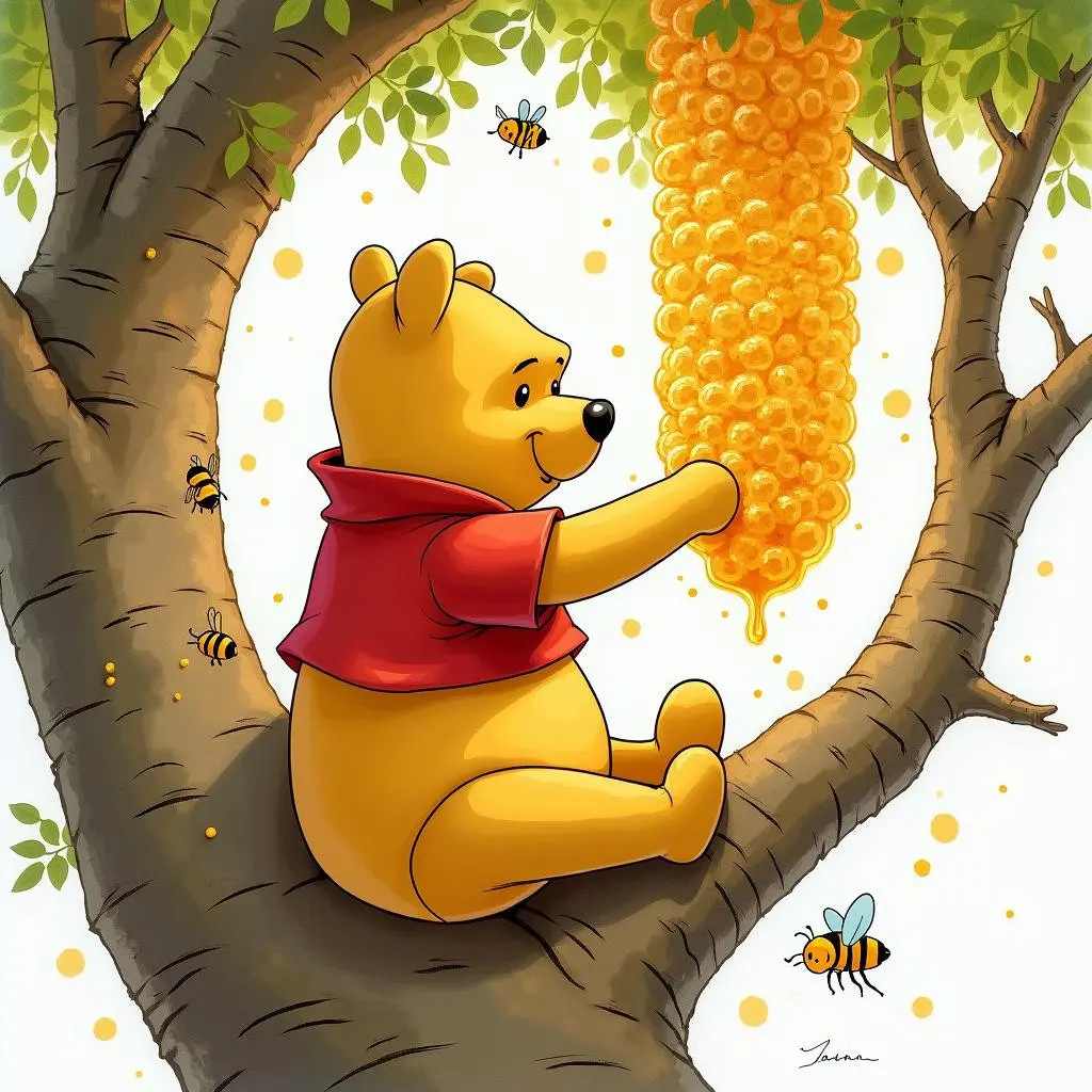 Winnie the Pooh climbs a tree to look for honey