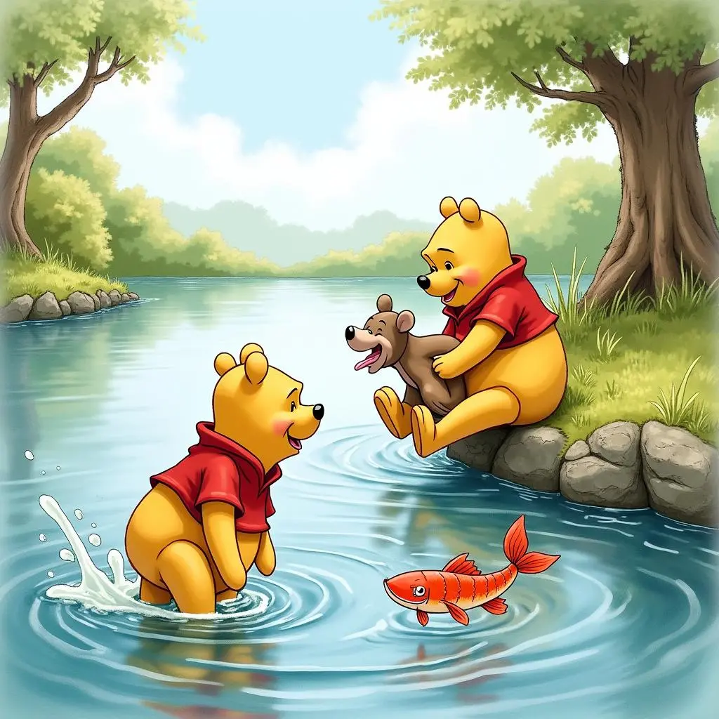 Winnie the Pooh and his friends by the river
