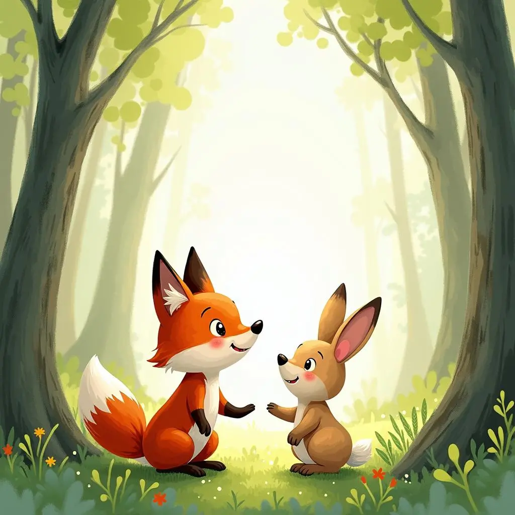 The little fox is looking at the little rabbit