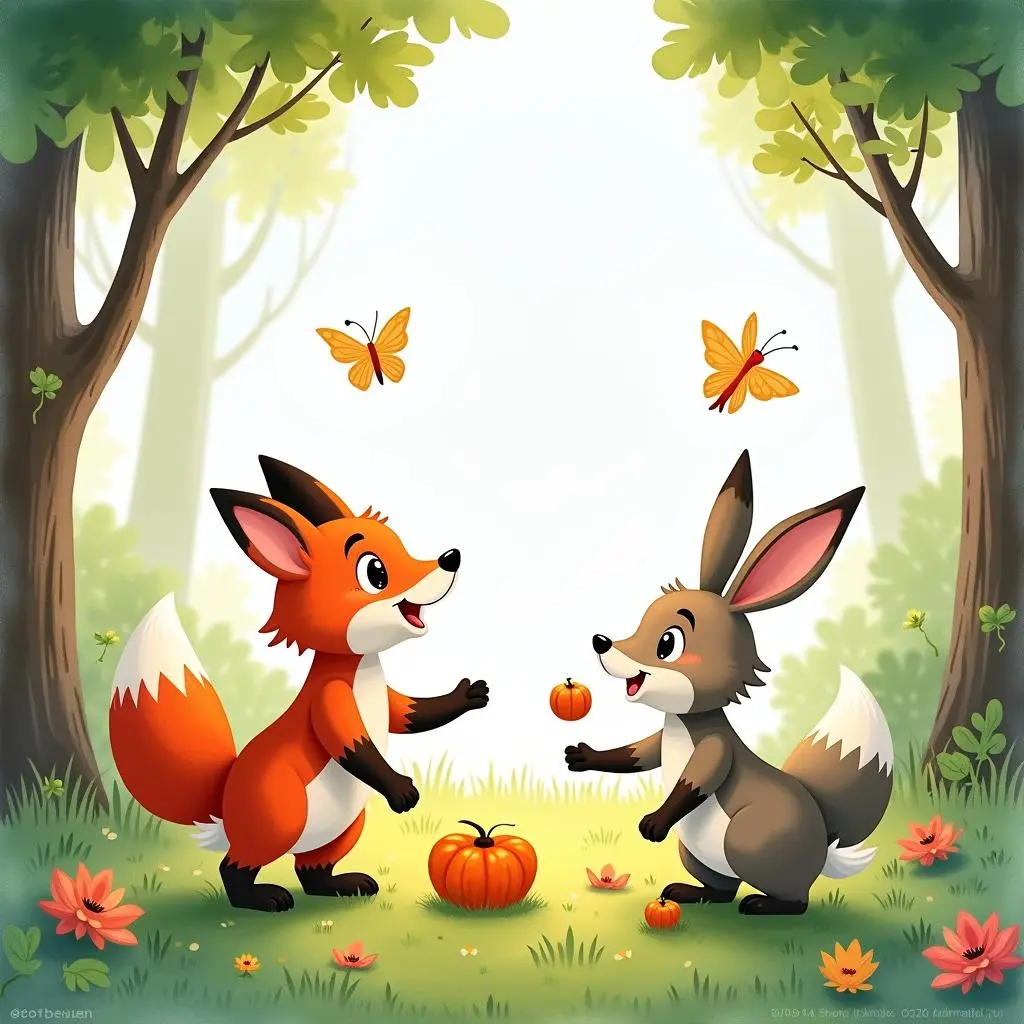 The little fox and the little rabbit play together