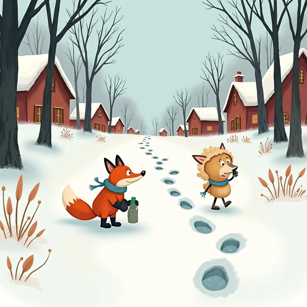 The little fox walks towards the village