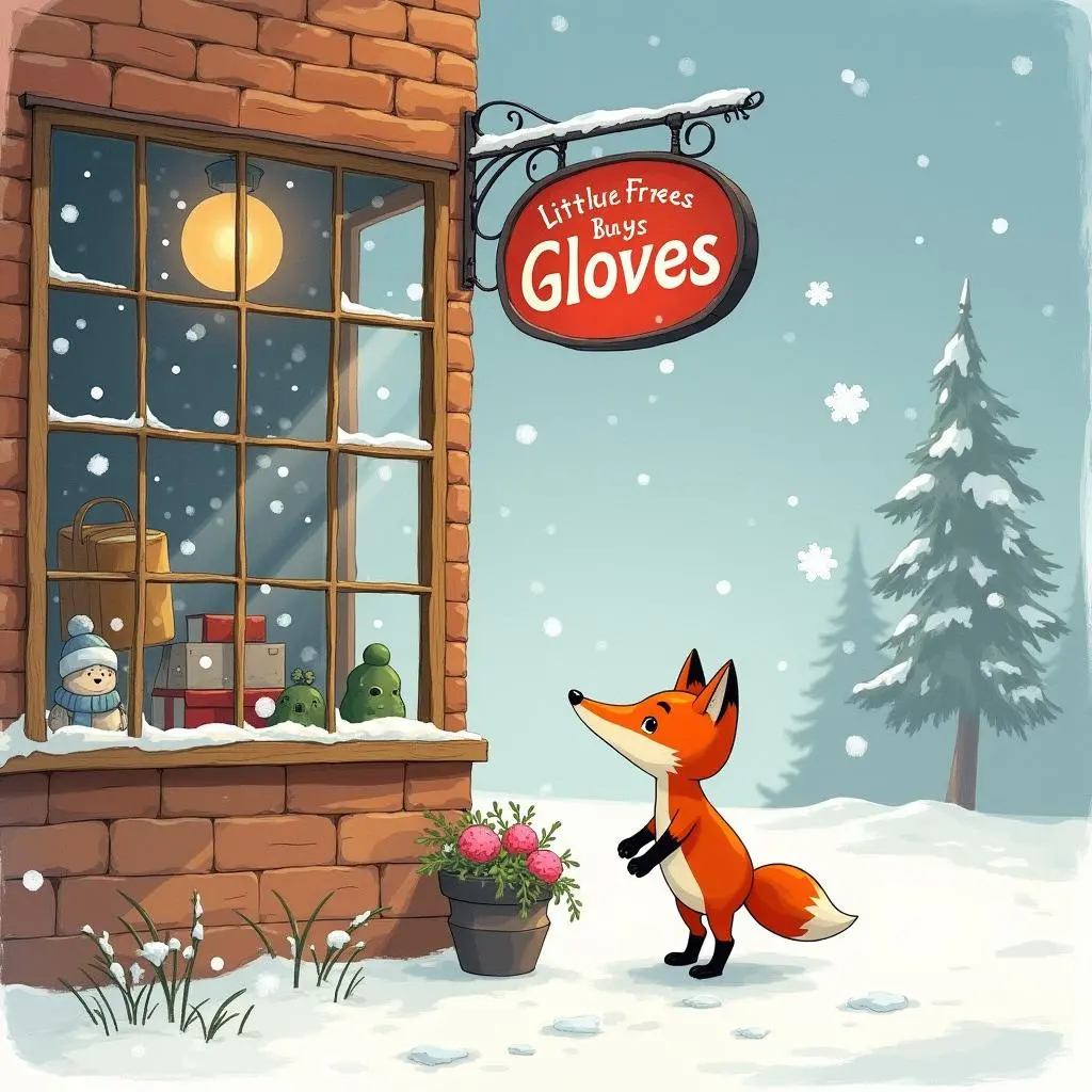The little fox is outside the store