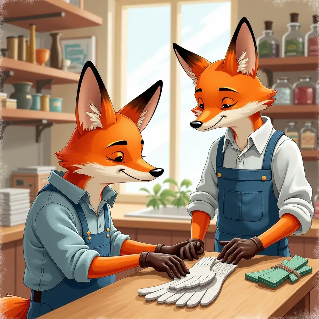 The shopkeeper takes out the gloves