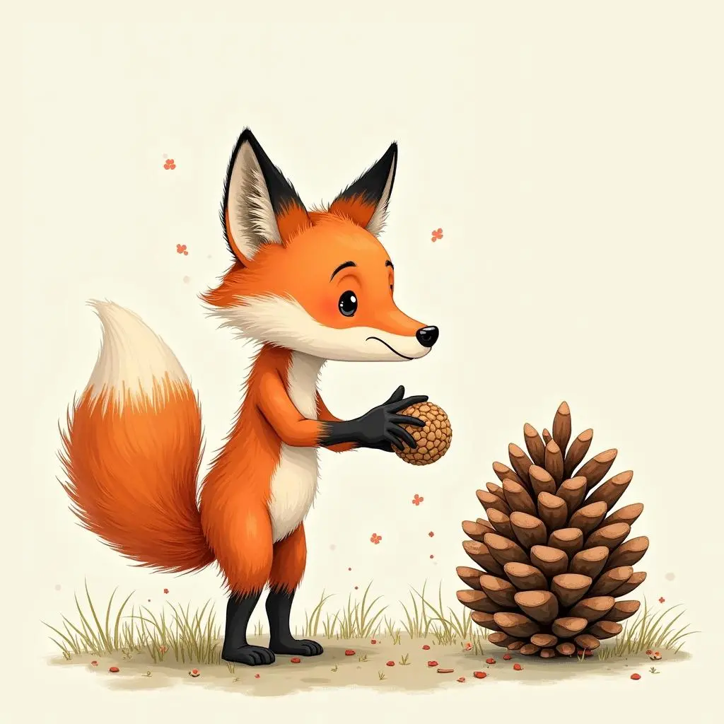 The little fox takes out pinecones