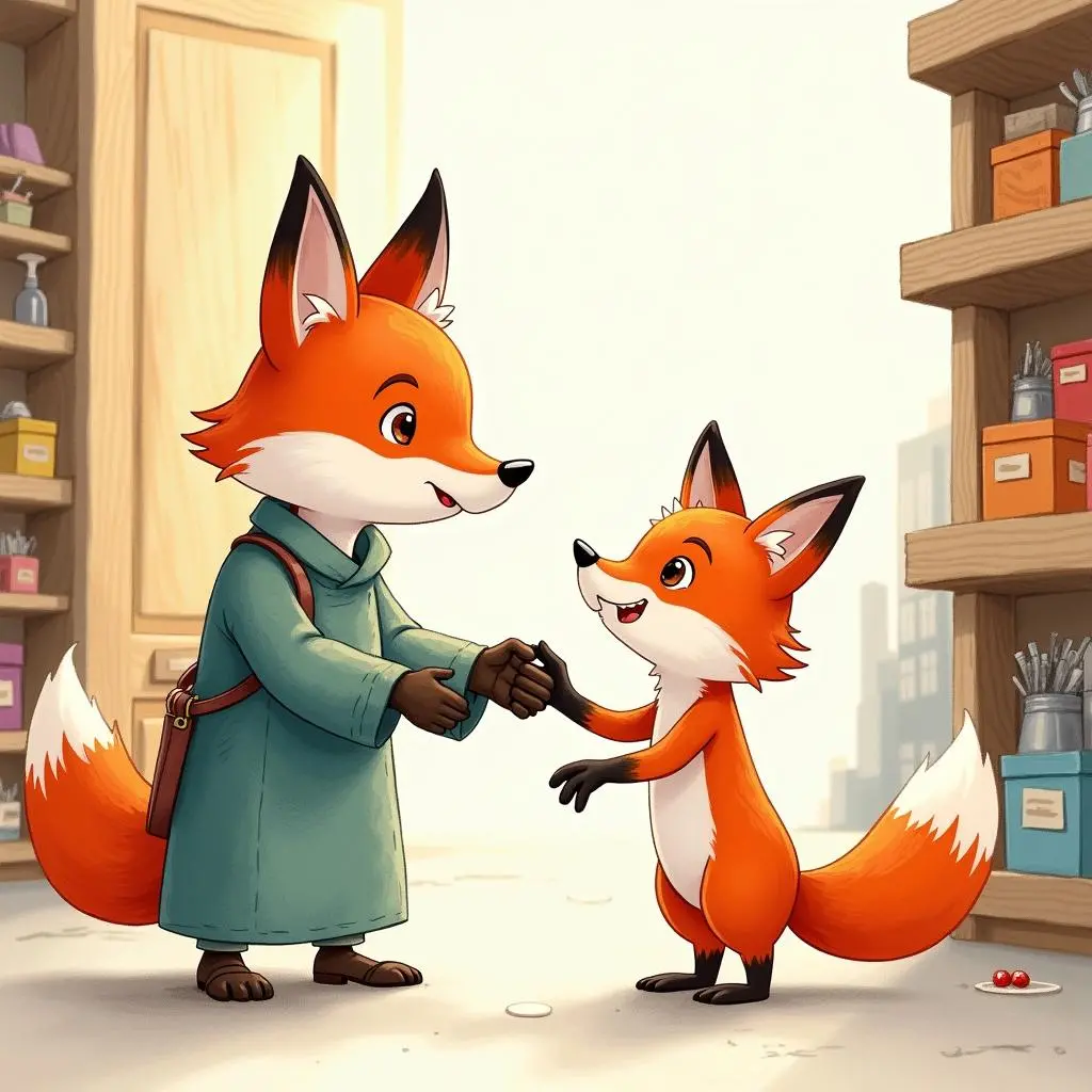 The shopkeeper hands the gloves to the little fox