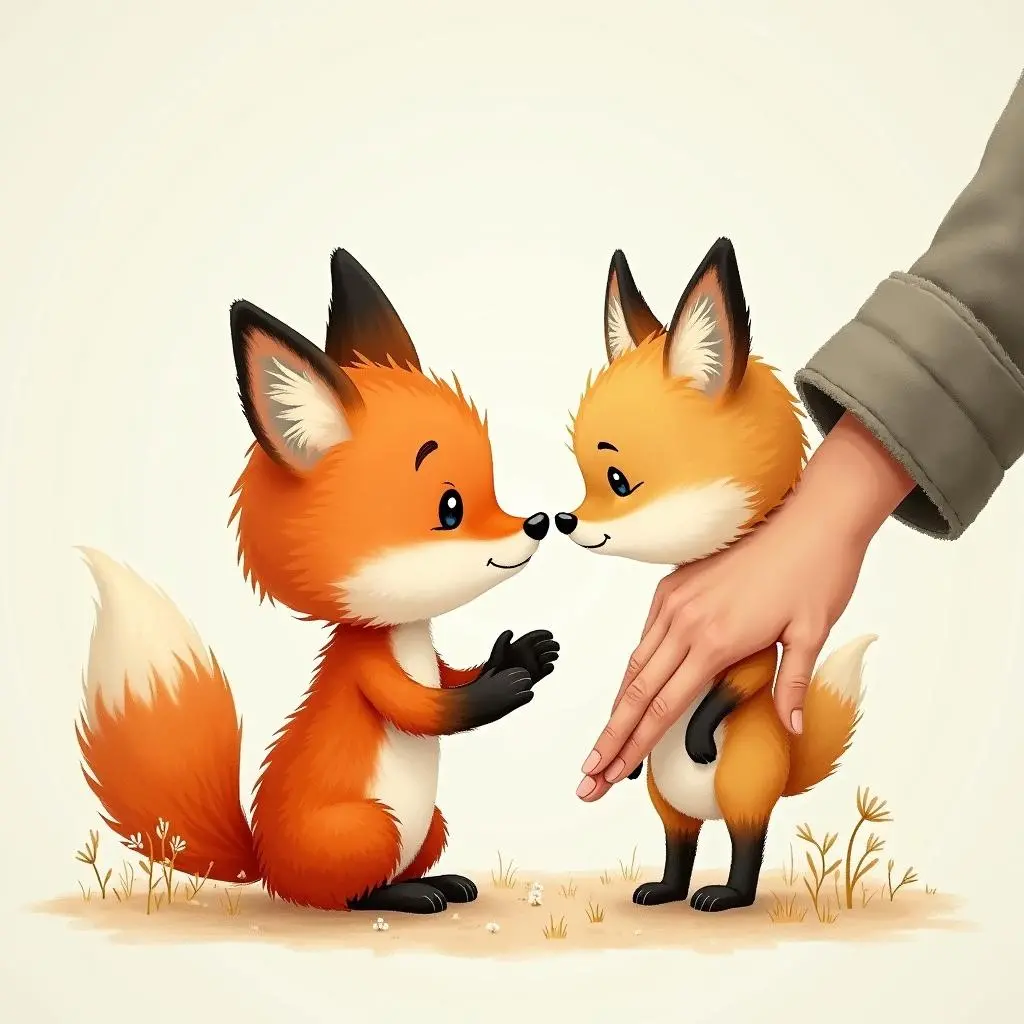 The little fox puts gloves on its mother