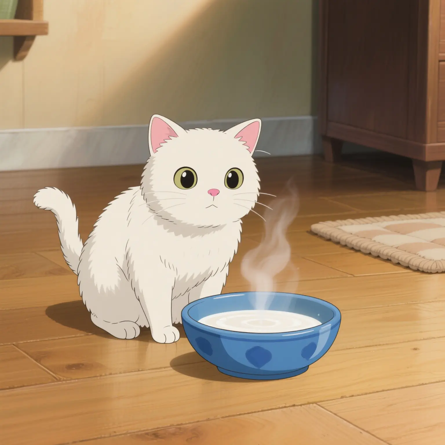 A little kitten looking at the milk bowl