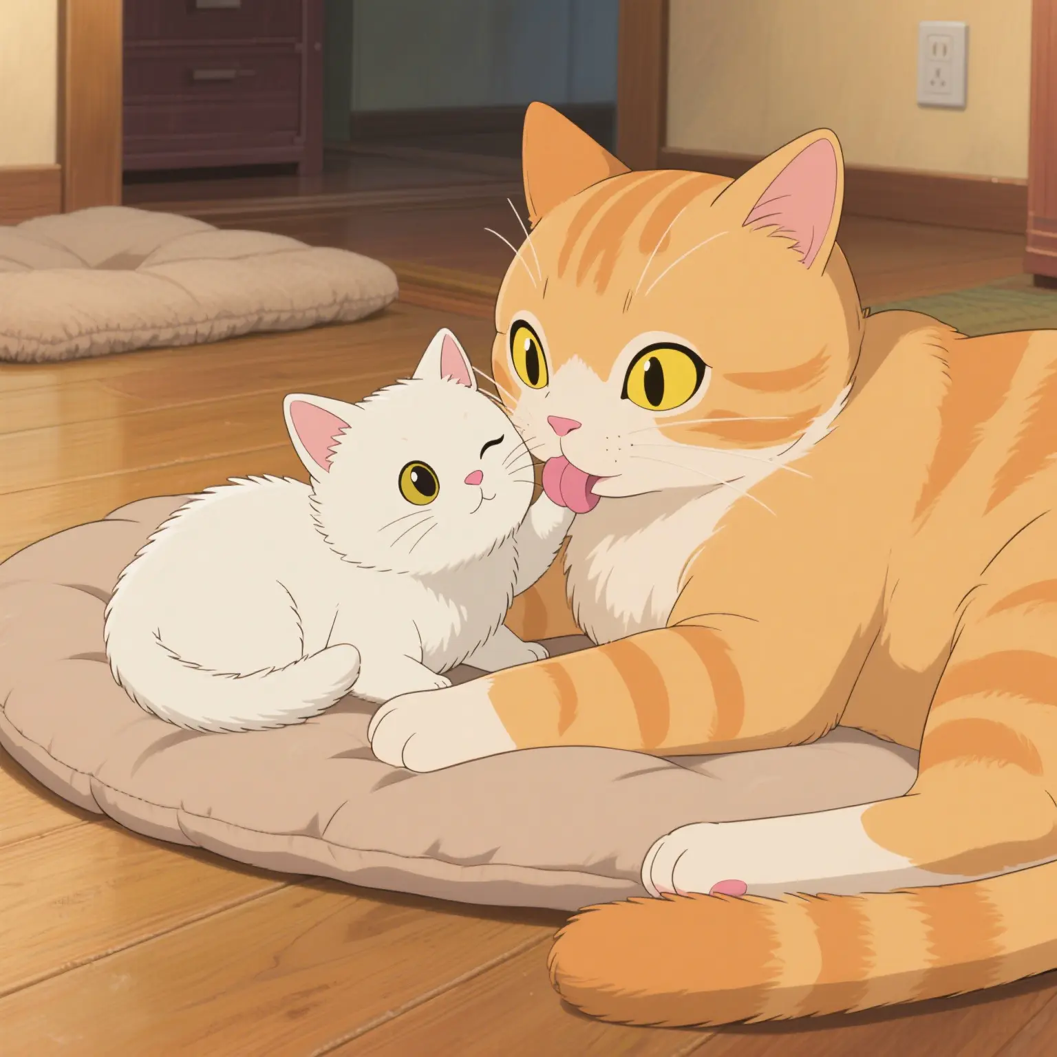 The mother cat takes care of the kitten to sleep