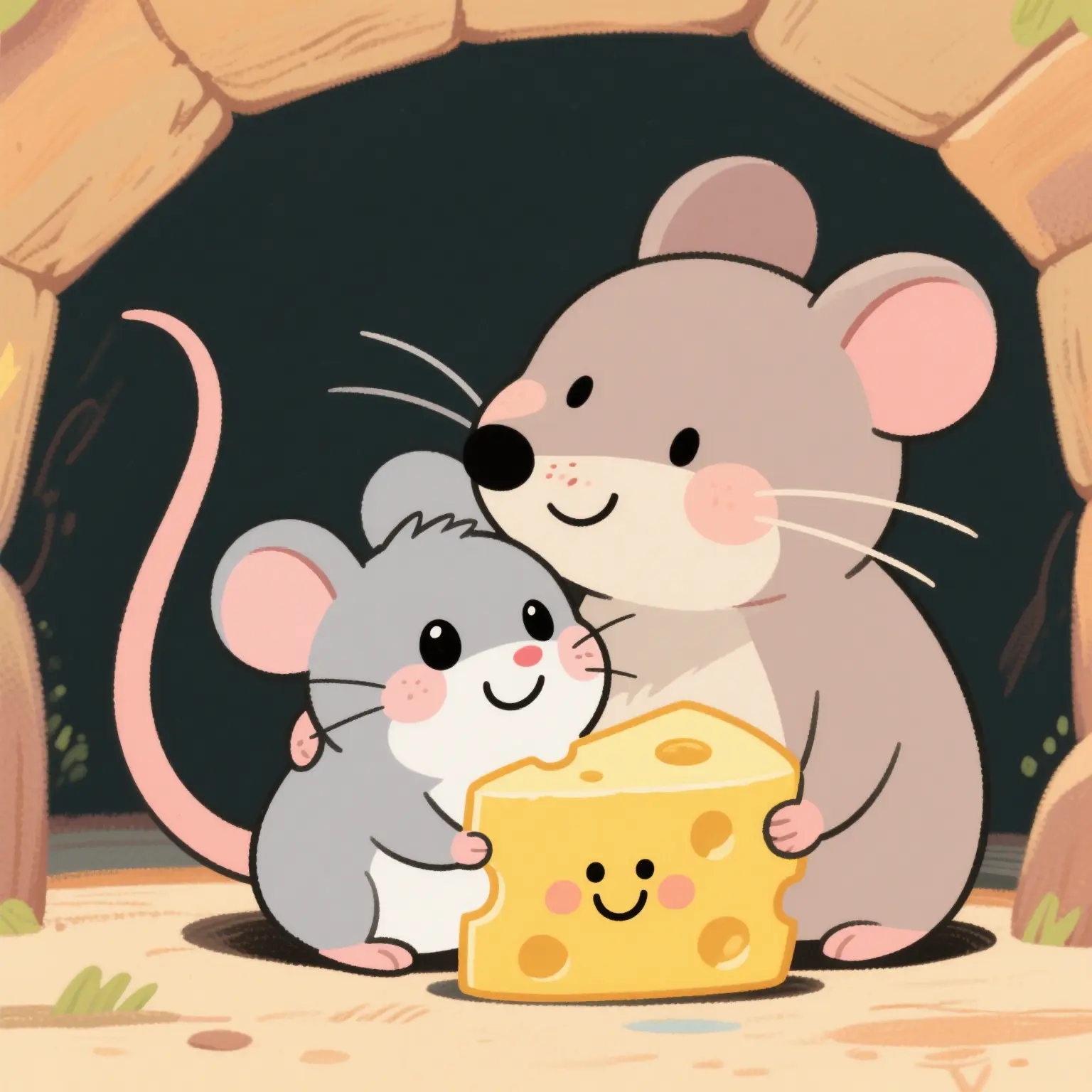 Mother mouse and the little mouse share the cheese