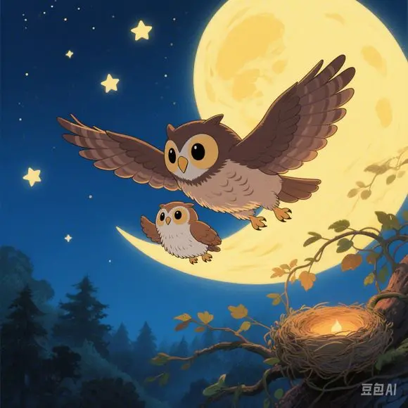 The mother owl and the little owl fly together