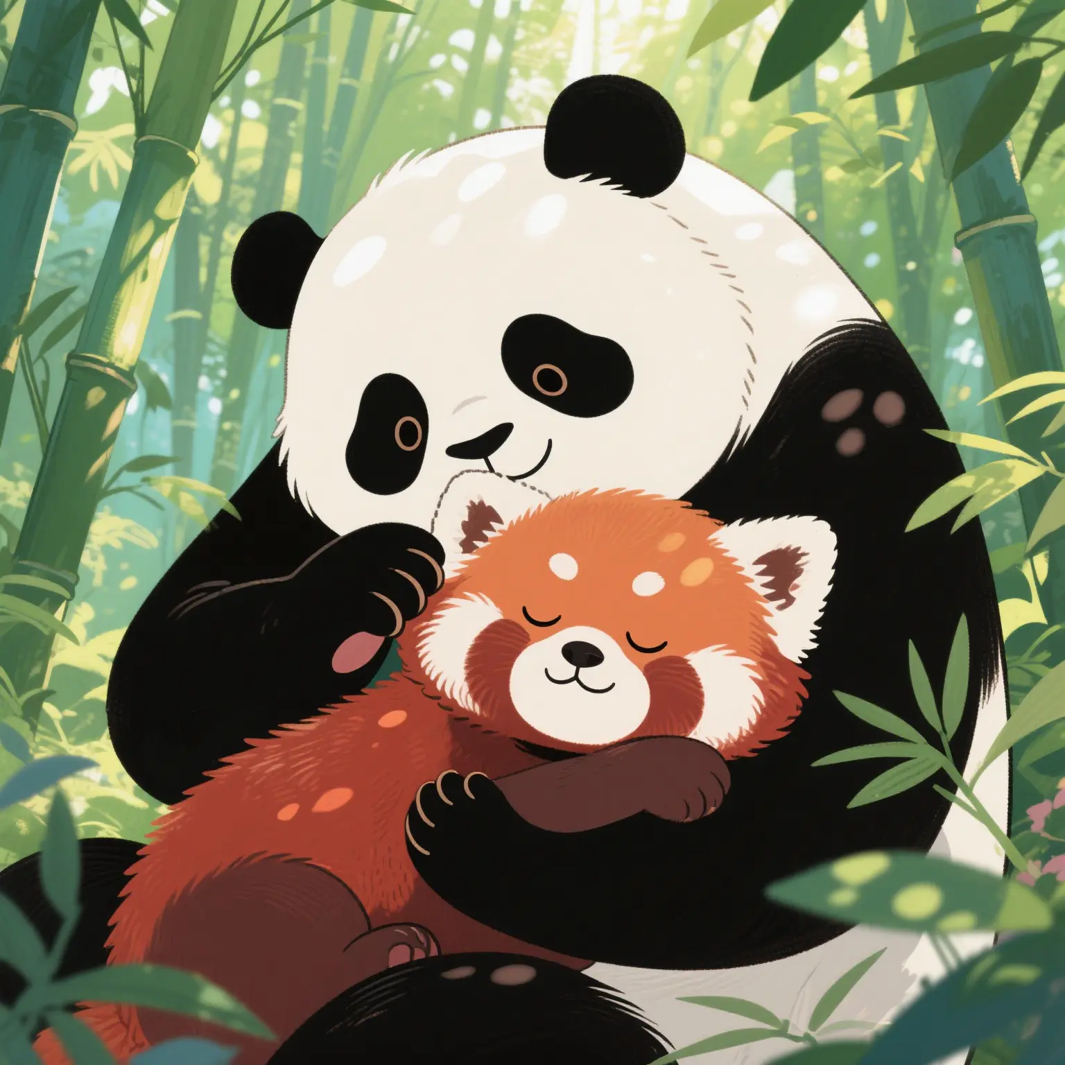 The mother panda takes care of her baby