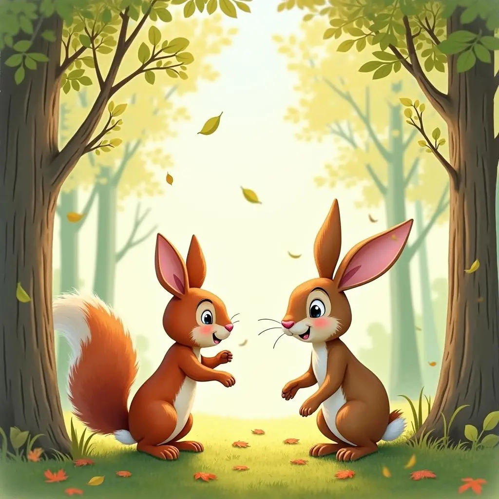 The little rabbit meets a little squirrel