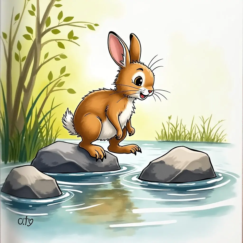 The little rabbit crosses the stream