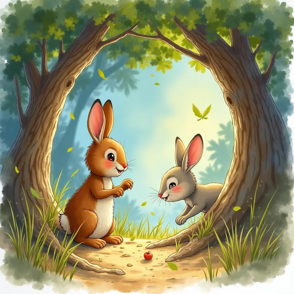 The little rabbit explores inside the tree hole