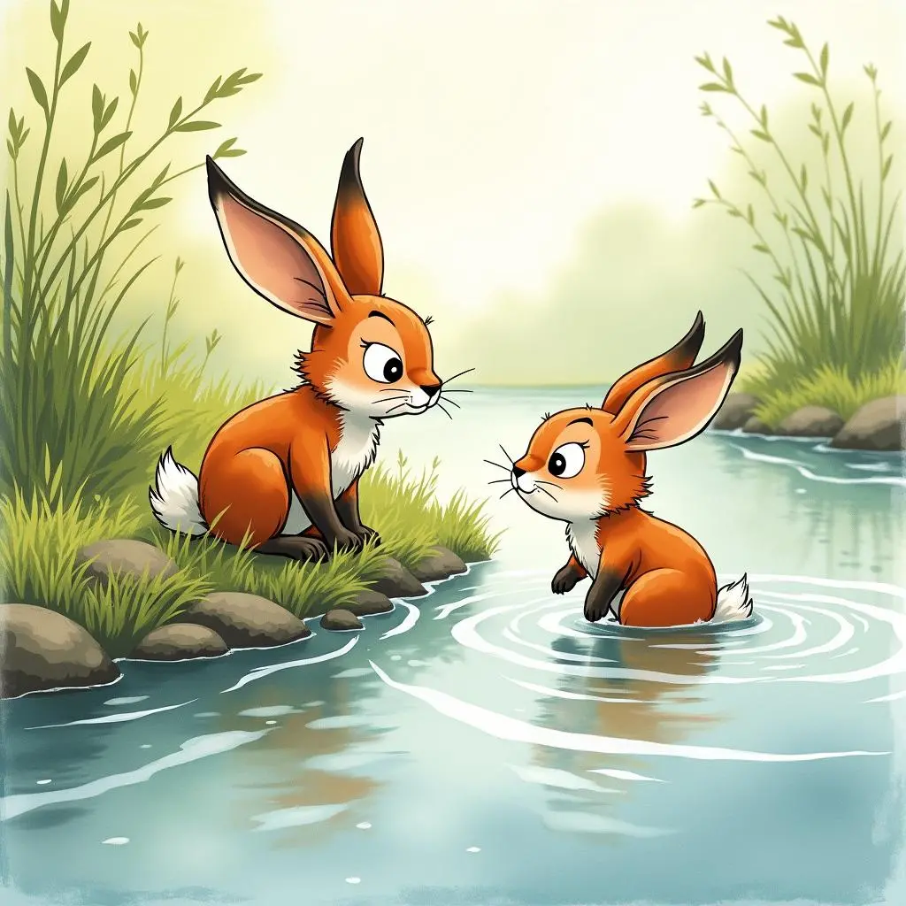 The little rabbit and the fox are at the riverside