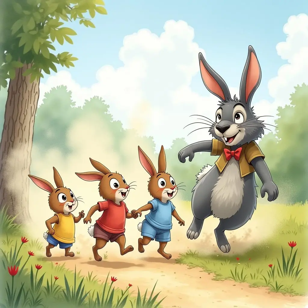Mother Rabbit comes back and drives the big bad wolf away