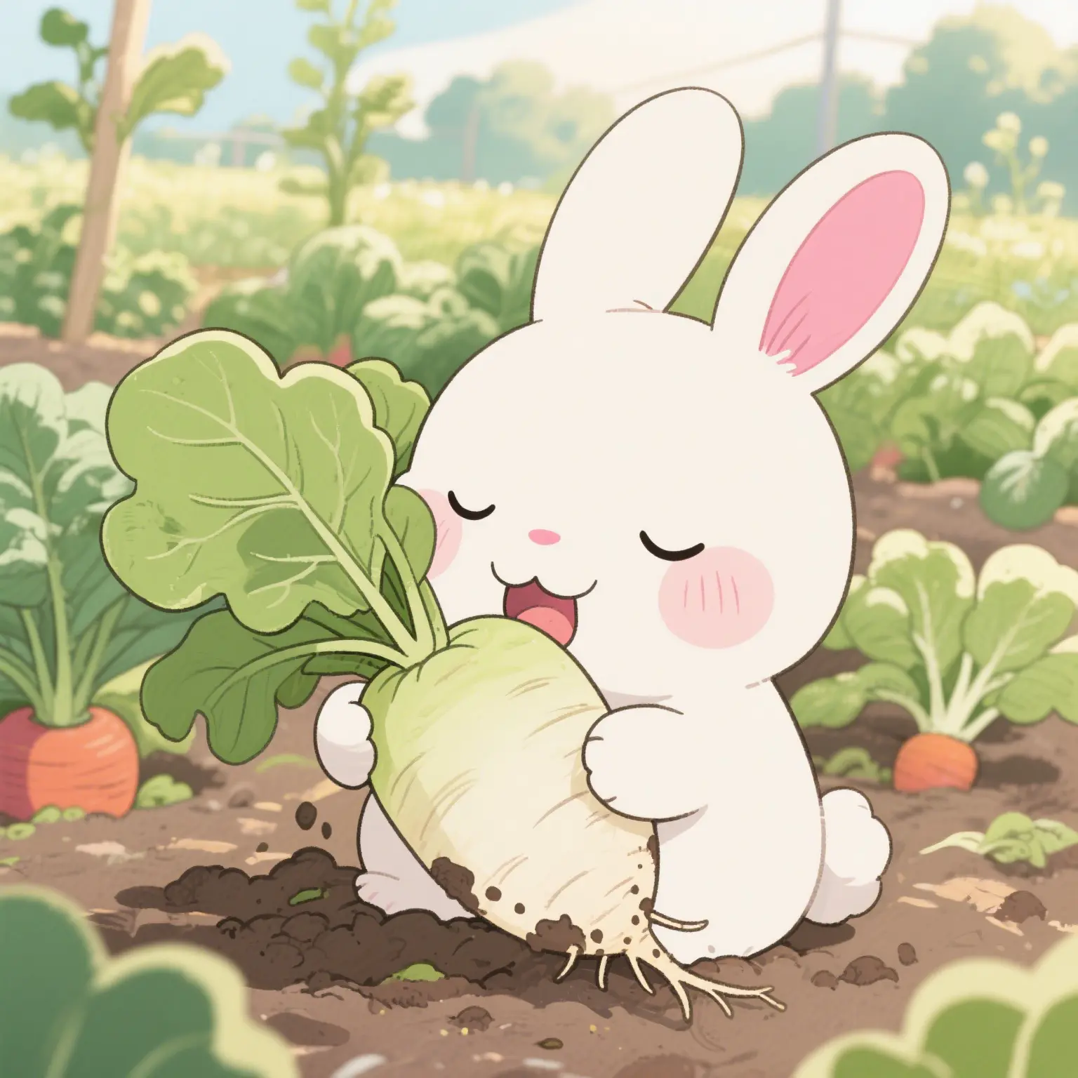 The moment when the little rabbit falls while pulling the carrot