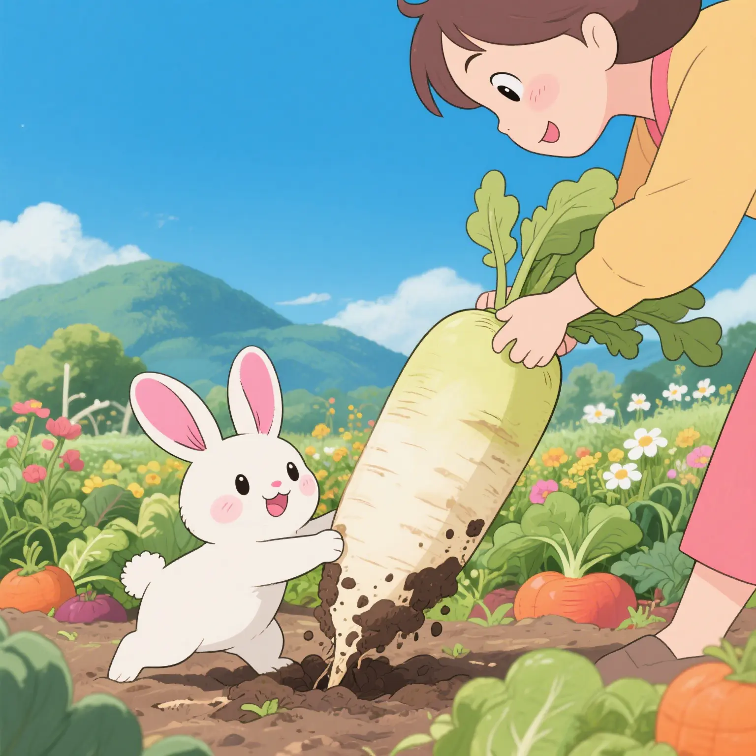The little rabbit eats the carrot in mommy's arms