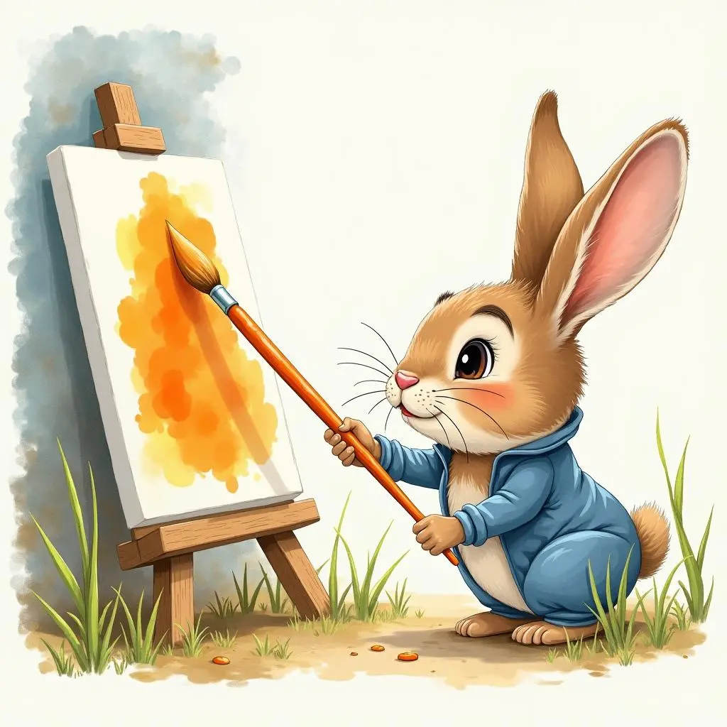 A little rabbit stands in front of an easel, with carrot - shaped paintbrushes beside it