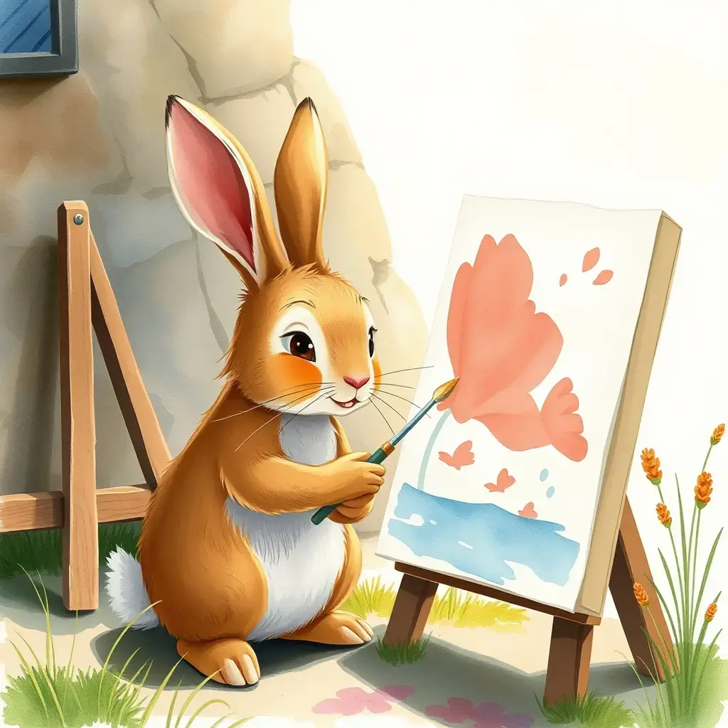 The little rabbit holds the carrot - shaped paintbrush and smears on the canvas