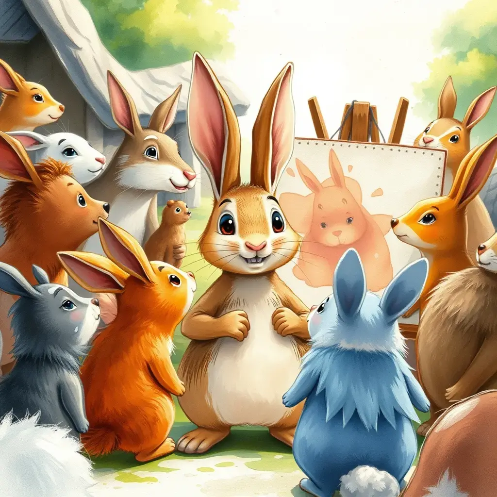 The little rabbit looks at the painting with a satisfied smile