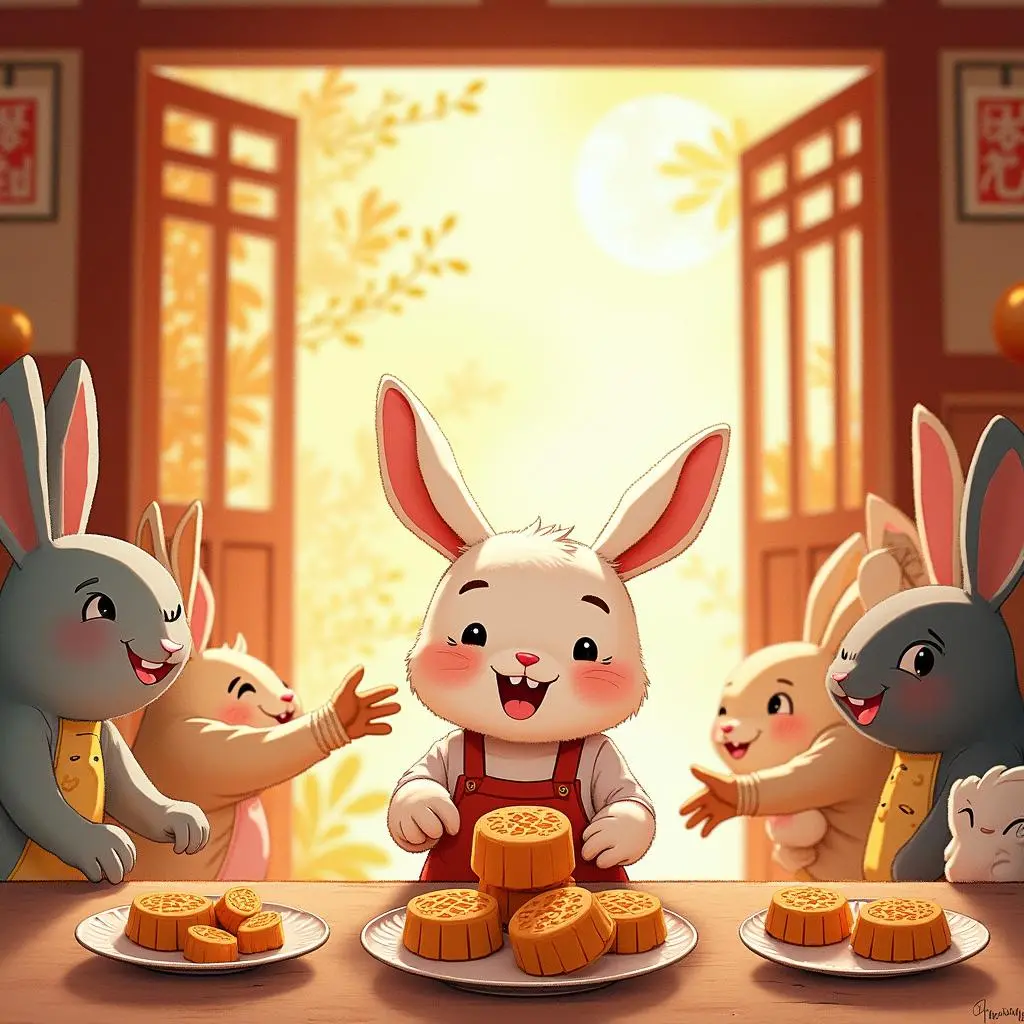 The little rabbit is distributing mooncakes to the little animals
