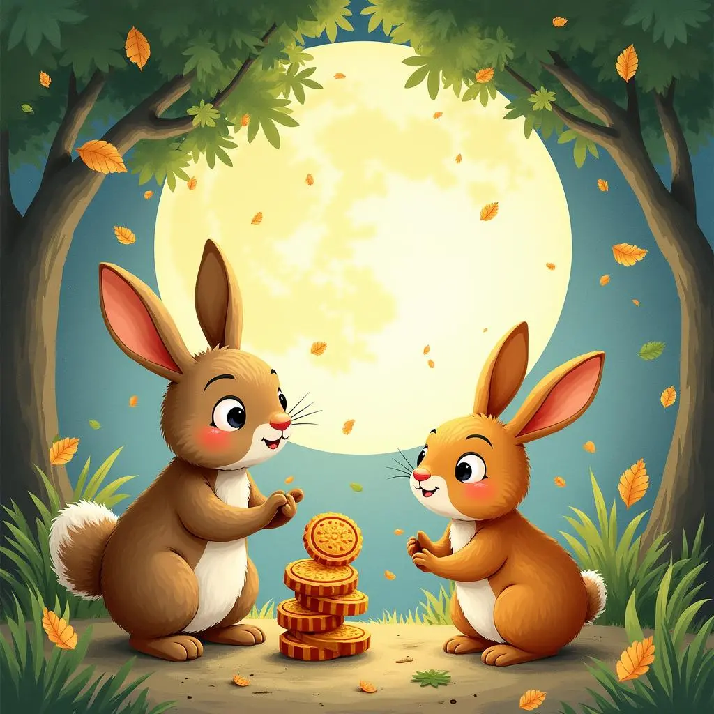 The little animals are sharing mooncakes on the grass in the forest