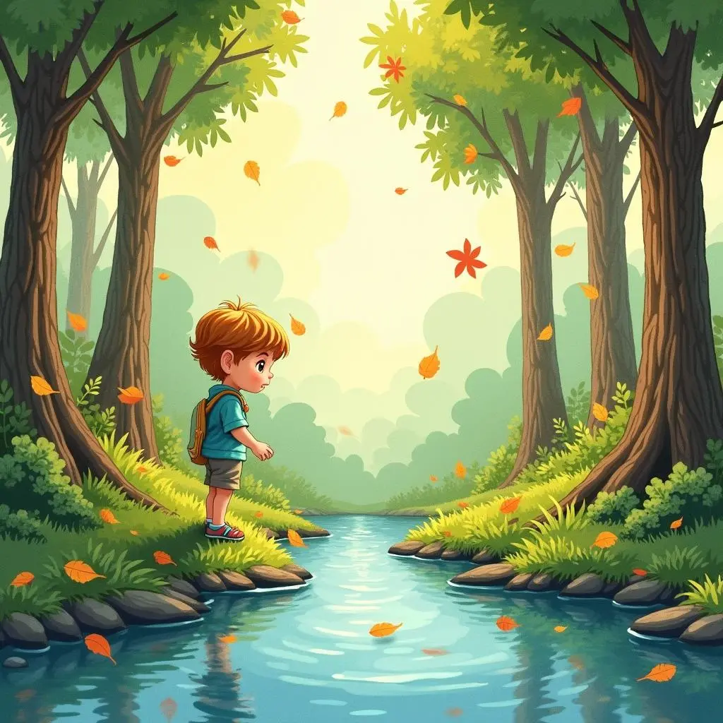The little river flows through the forest