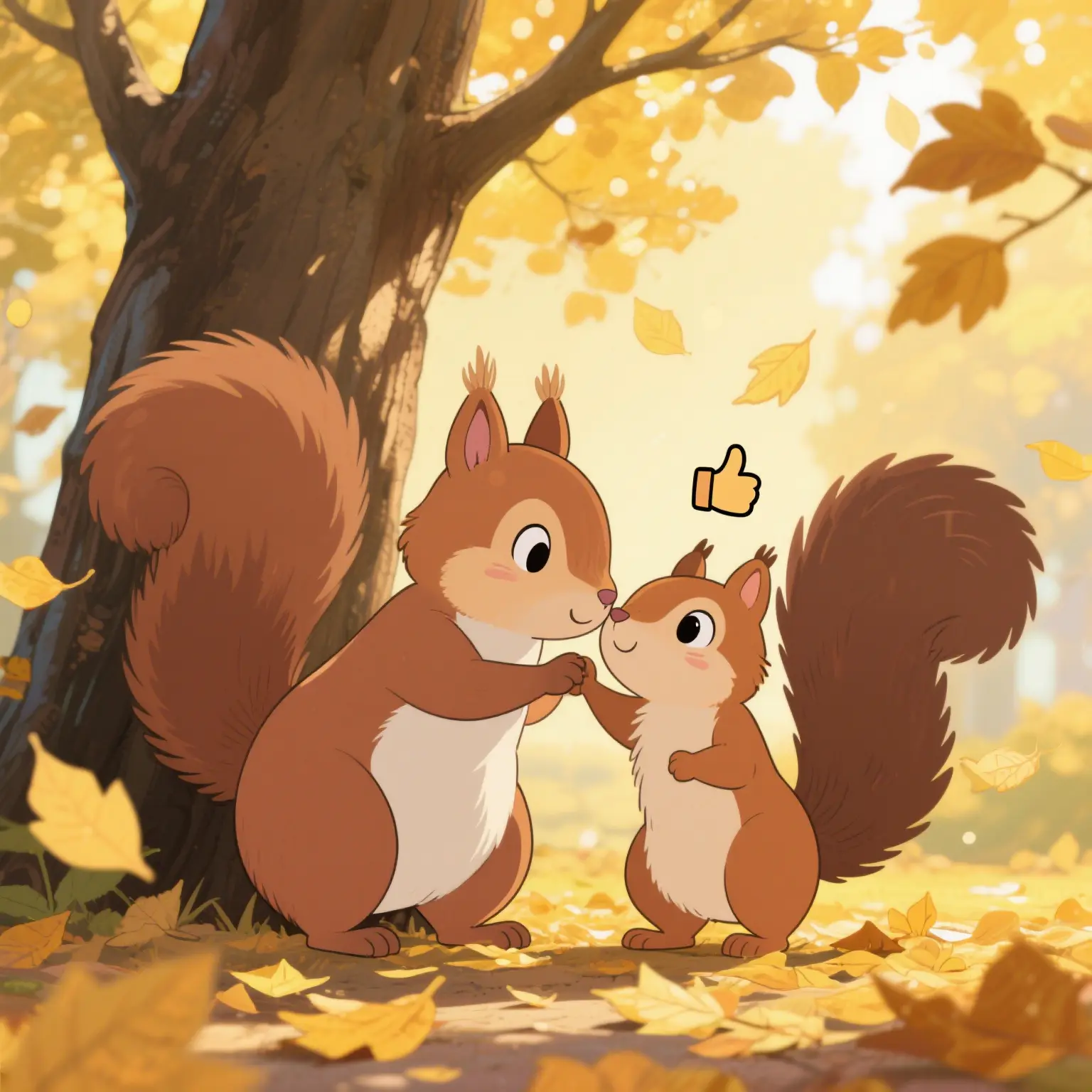The mother squirrel praises the little squirrel
