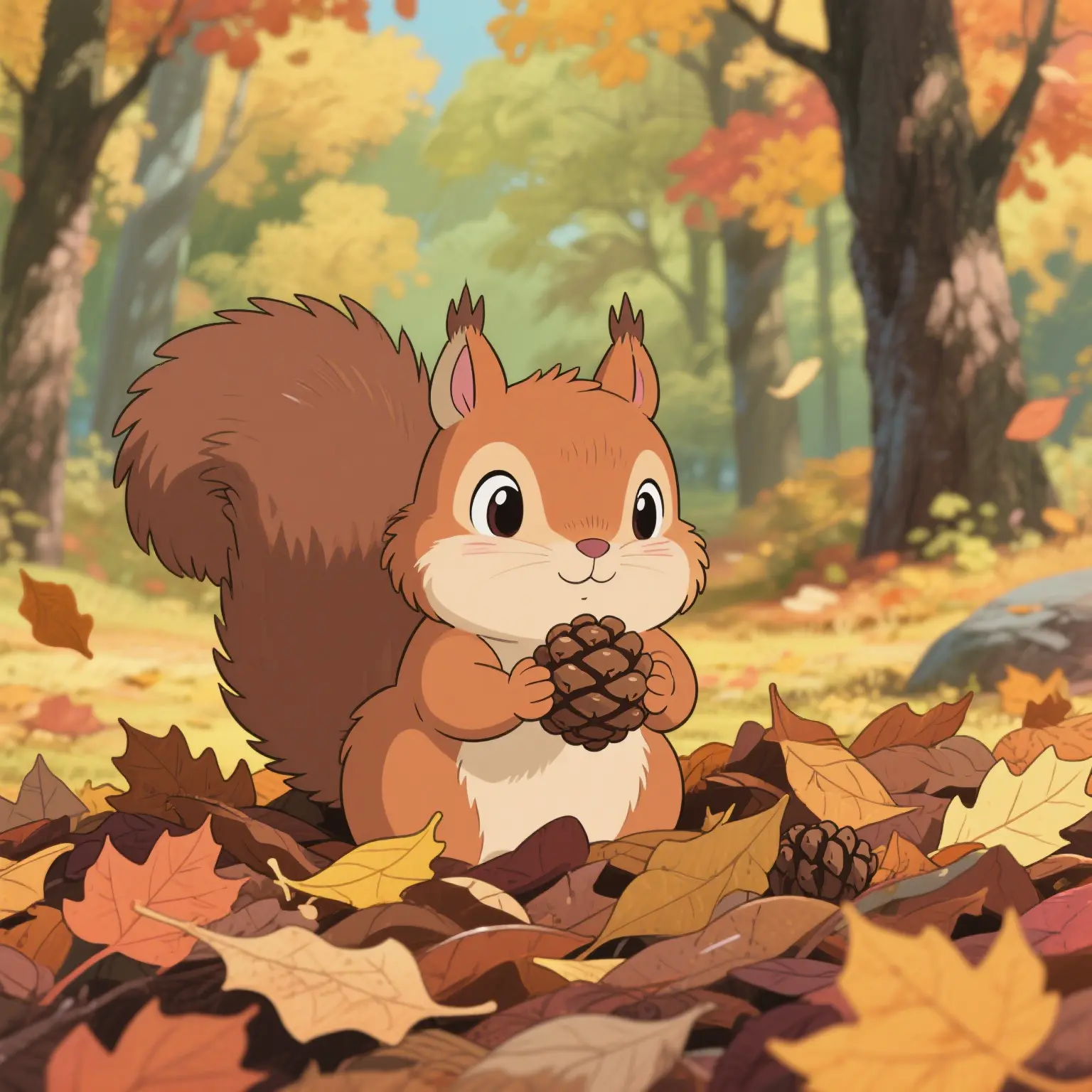 The little squirrel picking up pinecones