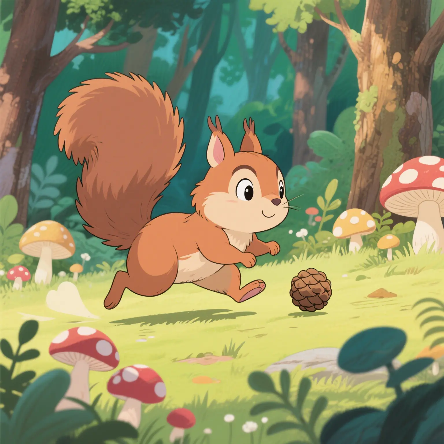 The little squirrel chasing pinecones