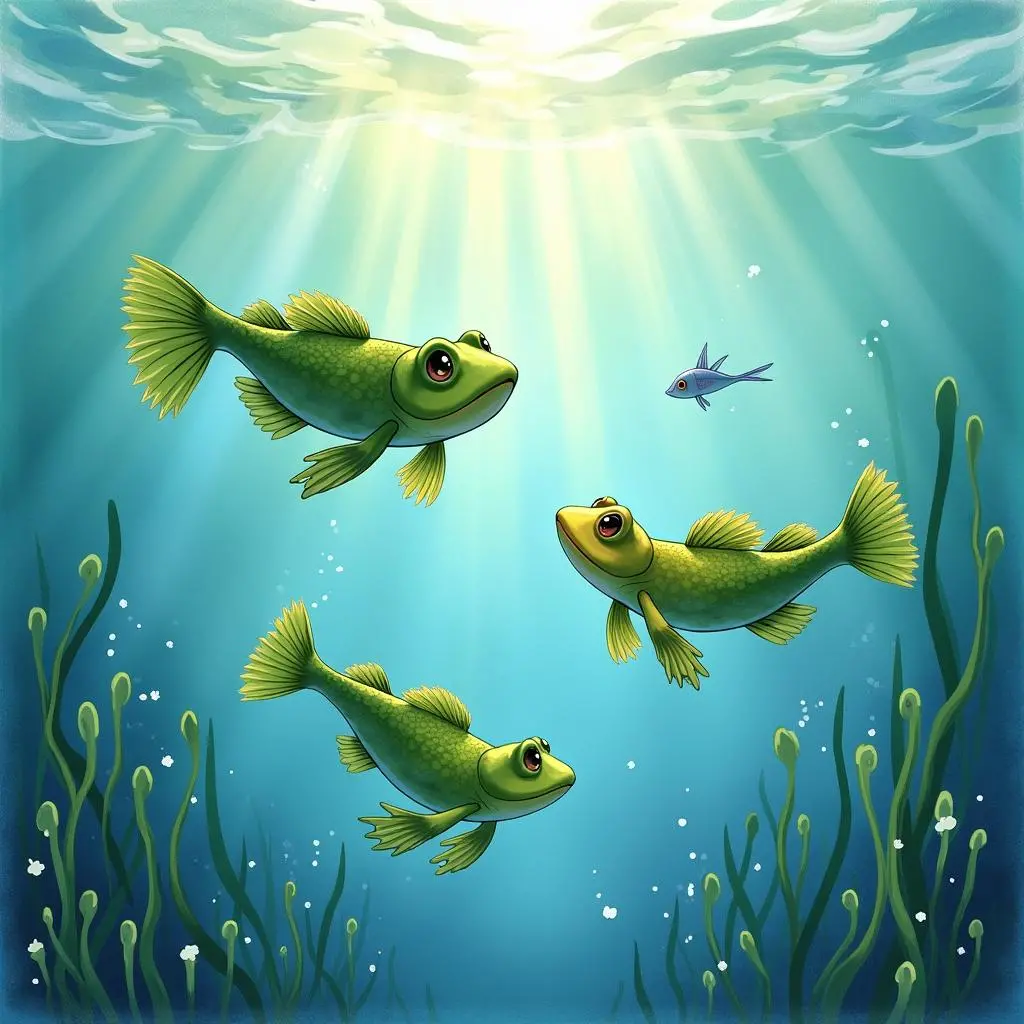 Tadpoles meet a small fish