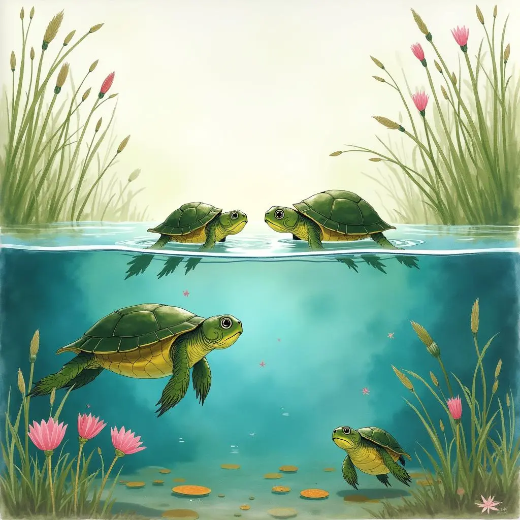 Tadpoles meet a turtle