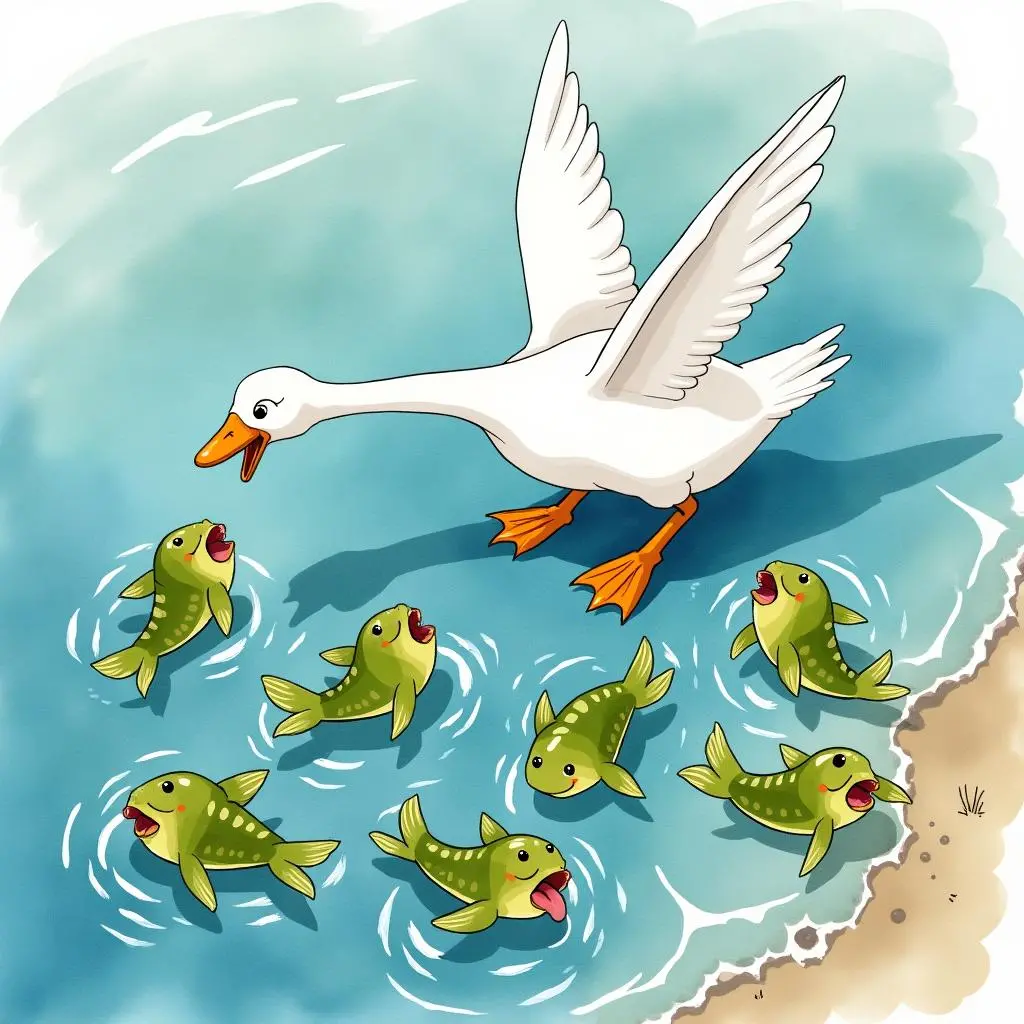 Tadpoles meet a big white goose