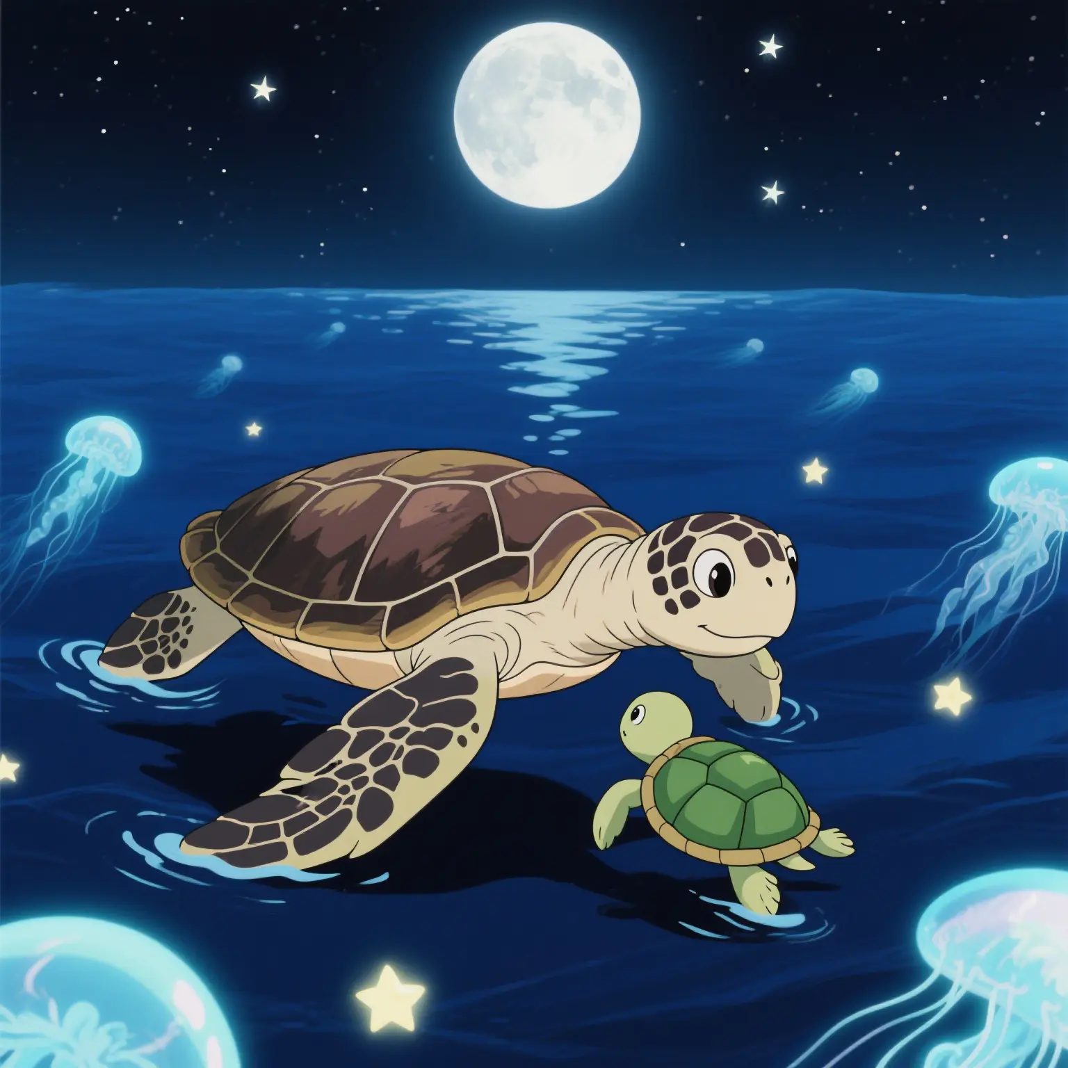The mother turtle guiding the little turtle