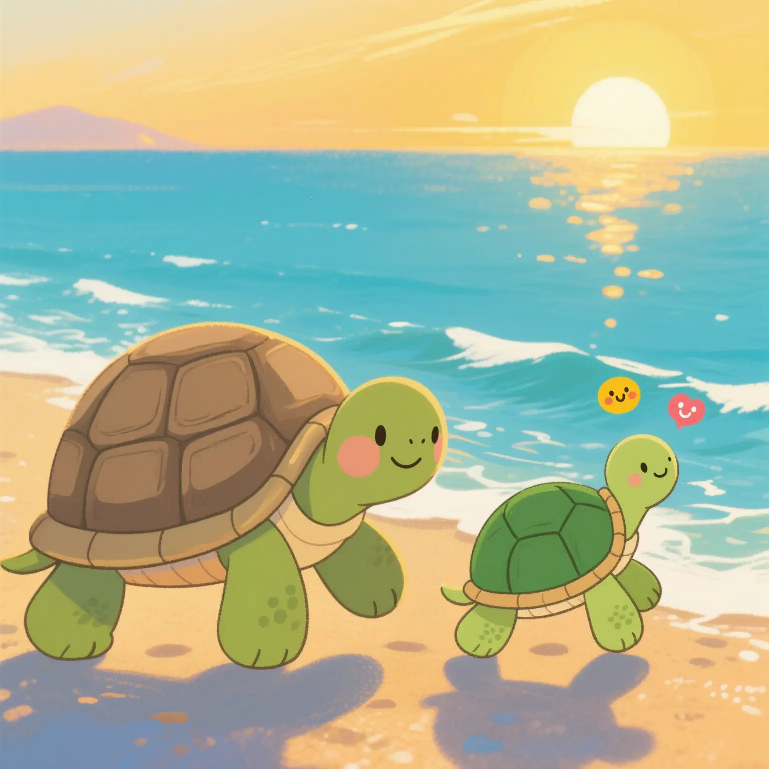 The mother turtle and the little turtle go home together