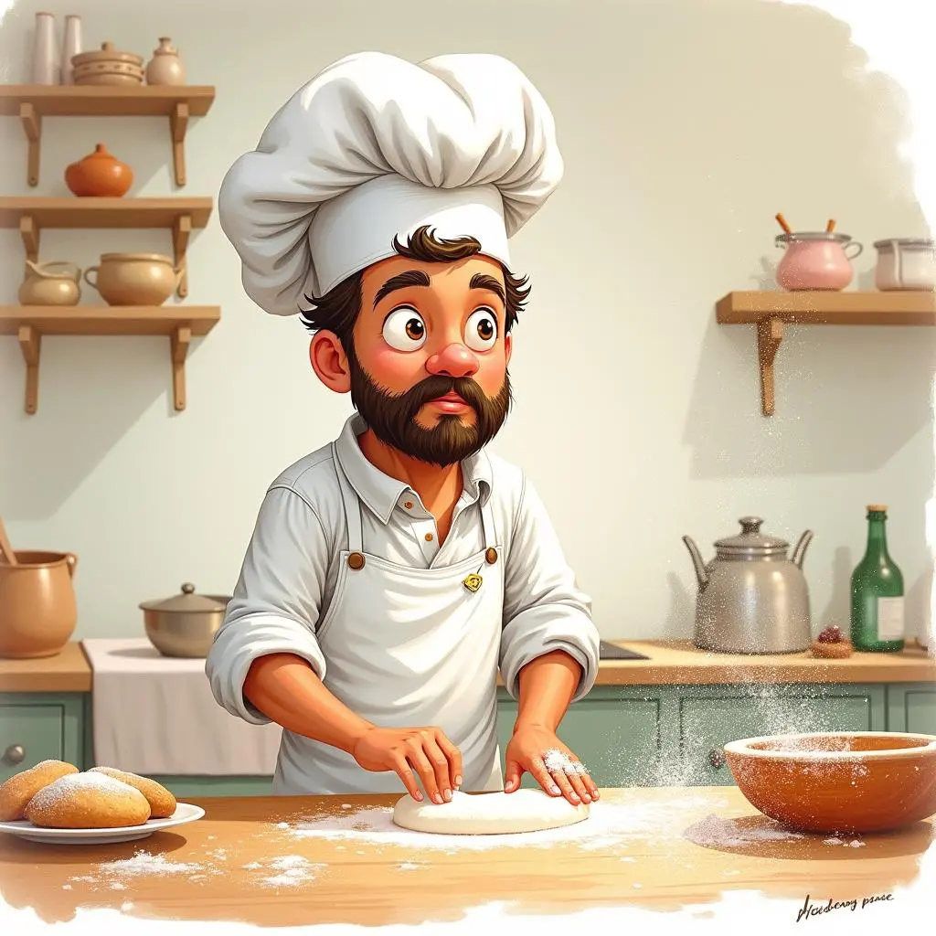 Pierre carefully making bread in the kitchen