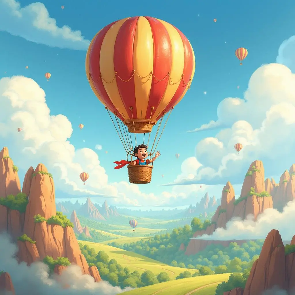 The hot - air balloon is flying in the sky