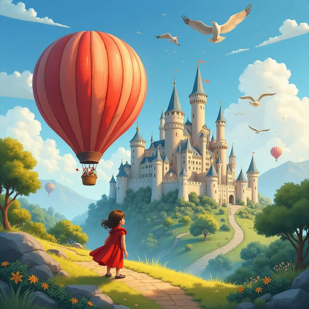 The hot - air balloon approaches the ancient castle