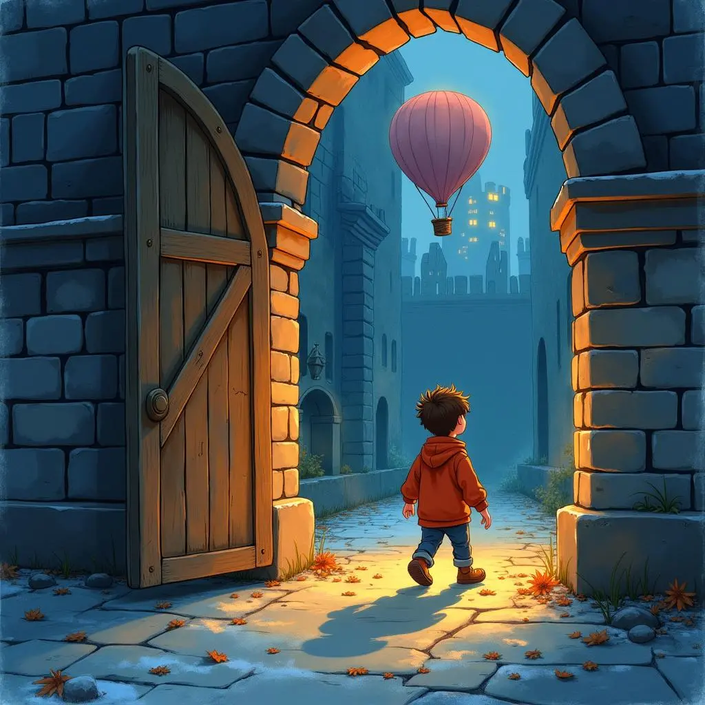 Pierre walks into the interior of the castle