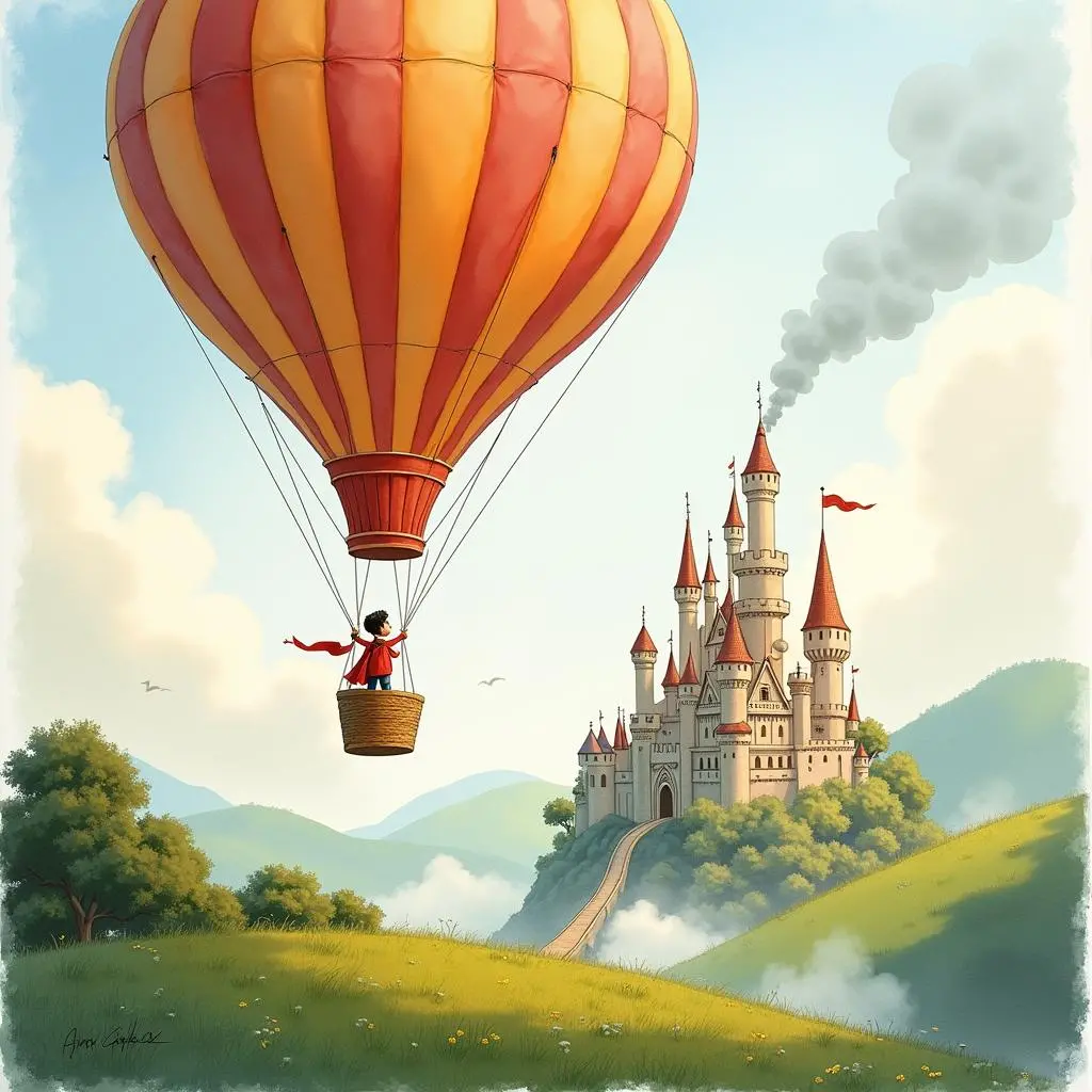 Pierre leaves the castle by hot - air balloon