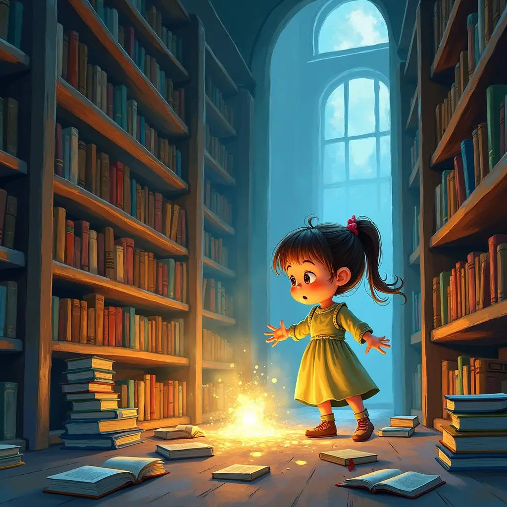 Lucy's surprised expression among the bookshelves