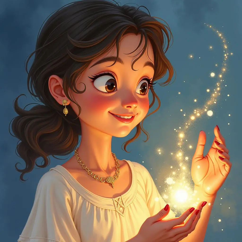 Maya looks at the necklace and smiles